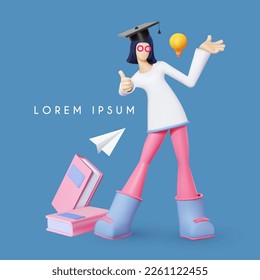 Education concept. 3D stylised woman in graduate hat with books and paper plane showing thumb up gesture