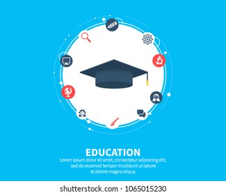 Education concept. Abstract background with connected gears and icons for elearning, knowledge, learn, analytics, network, social media and global concepts. Vector infographic illustration