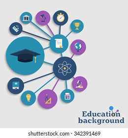 Education concept abstract background. Icons education equipment, graduation and science. Vector illustration.
