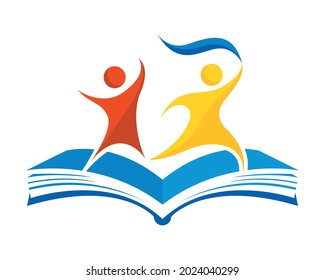 Education concept. Abstract drawing of two people running on an open book in yellow, blue and red color on white background. Vector image