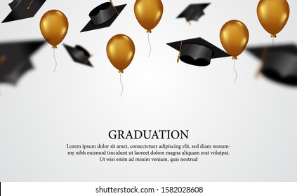 Education concept for academy collage. Graduation hat caps trow with flying golden balloon with white background. invitation card with diploma. vector illustration