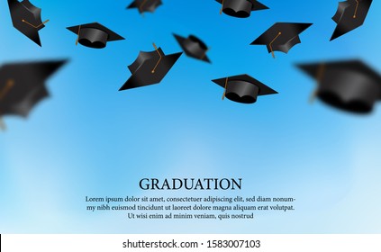 Education concept for academy collage. Graduation hat caps trow to the blue sky. invitation card with diploma. caps falling down. vector illustration