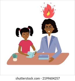 Education concept afro american female teacher feeling angry to naughty schoolboy while standing. vector flat screaming at a child