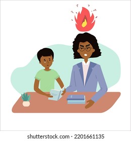 Education concept afro american female teacher feeling angry to naughty schoolboy while standing. vector flat screaming at a child