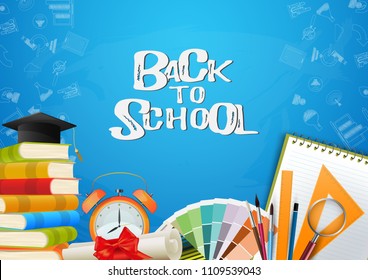 Education concept. Back to school background with school supplies. Vector illustration.