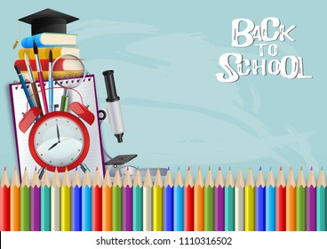 Education concept. Back to school background with school supplies. Vector illustration.