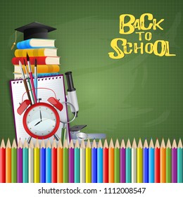 Education concept. Back to school background with school supplies. Vector illustration.