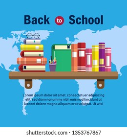 Education concept or Back to school concept. color pencils in cup, pile of books and glasses on book shelf. Vector illustration.