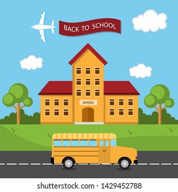 Education concept or Back to school concept.Back to school, welcome,side view the school and bus rides on road.Vector illustration. 