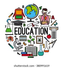 Education concept. Back to school round label with title Education. Vector illustration