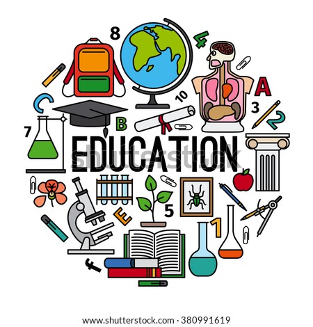 Education concept. Back to school round label with title Education. Vector illustration