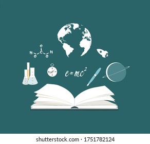Education concept background.Science symbols and open book.