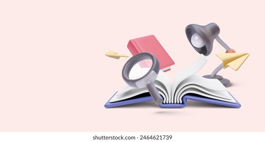 Education concept banner in 3d realistic style with book, magnifying, lamp. Vector illustration