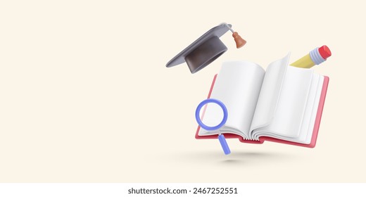 Anuncio de concepto de Educación en estilo realista 3d con libro abierto, lápiz, lupa, gorra de graduación. Ilustración vectorial