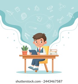Education concept banner. Cute schoolboy sits at her desk and studies. Illustration, template. Vector