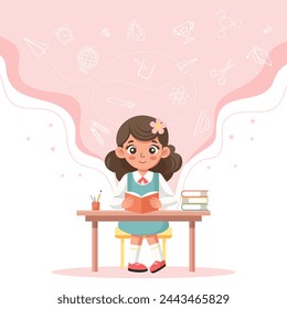 Education concept banner. Cute schoolgirl sits at her desk and studies. Illustration, template. Vector
