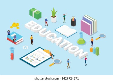 education concept with big words text and team people books and science object sign icon with isometric flat style - vector