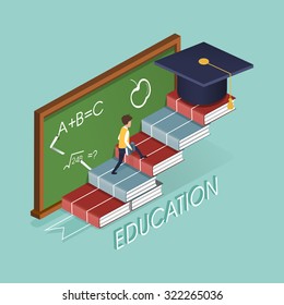 education concept with book stairs in 3d isometric flat design