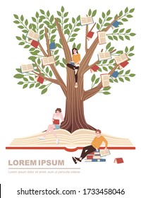 Education concept books growth on the tree and people studying cartoon character design flat vector illustration on white background