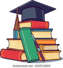 Education Concept with Books, Pen, and Student Hat Graduated Vector illustration