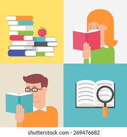 Education concept, books, reading people. Flat style vector illustration