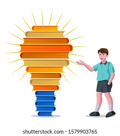 education concept, bulb shaped books and boy vector illustration