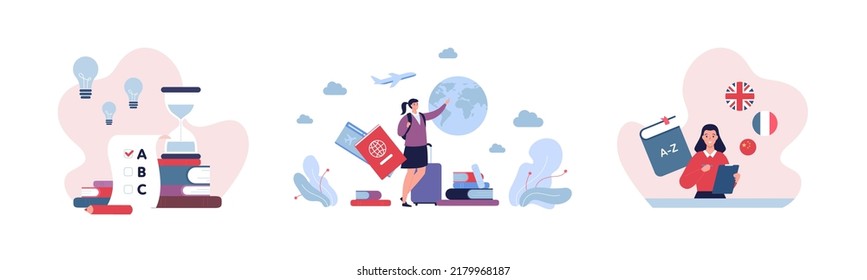 Education concept bundle. Vector flat illustration set. Woman and language school flag symbol. Girl in uniform with ticket, id plane and earth globe symbol. Book, hourglass, test exam sign.