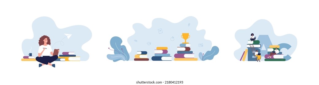 Education concept bundle. Vector flat illustration set. Woman with pencil and worksheet. Group of students sitting with book and laptop. Ladder of success of book and prize award symbol