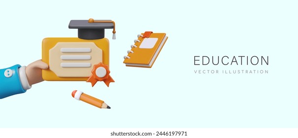 Education concept in cartoon 3D style. Hand holding certificate with master cap, pencil, notebook