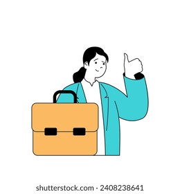 Education concept with cartoon people in flat design for web. Businesswoman with briefcase improves knowledge in professional courses. Vector illustration for social media banner, marketing material.