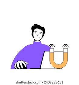 Education concept with cartoon people in flat design for web. Student getting new knowledges while learning at online course by laptop. Vector illustration for social media banner, marketing material.
