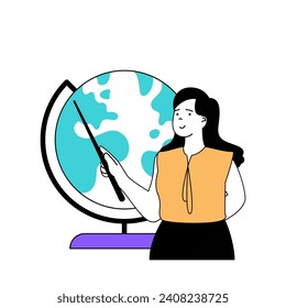 Education concept with cartoon people in flat design for web. Teacher pointing at globe and explaining geography lesson to pupils. Vector illustration for social media banner, marketing material.