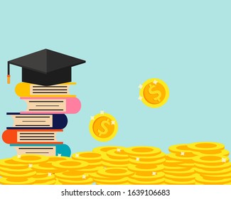 Education concept in cartoon vector style: stack of golden coins and book with graduation cap for your design	