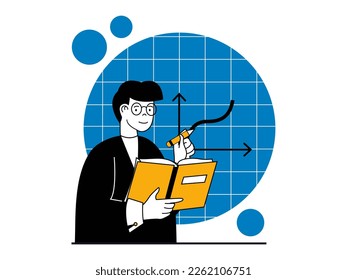 Education concept with character situation. Teacher with textbook explaining new material to pupils at math or geometry lesson at school. Vector illustrations with people scene in flat design for web