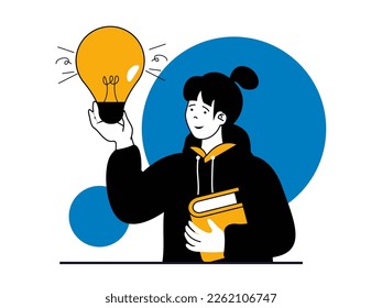 Education concept with character situation. Woman learns and reads textbooks and books, gains new knowledge and improves her skills. Vector illustrations with people scene in flat design for web