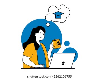 Education concept with character situation. Woman studying on online education platform using laptop and getting ready for graduation. Vector illustrations with people scene in flat design for web