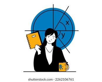 Education concept with character situation. Woman student doing geometry homework, calculating angles and working with circle shape. Vector illustrations with people scene in flat design for web