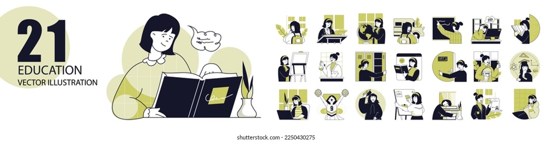 Education concept with character situations collection. Bundle of scenes people study at school or university, graduate college, reading books, doing homework. Vector illustrations in flat web design