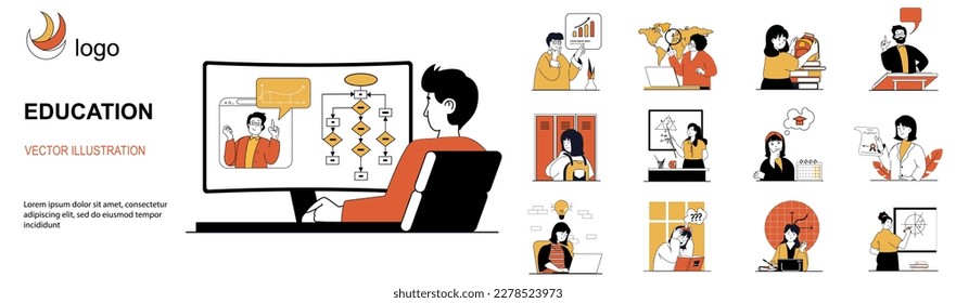 Education concept with character situations collection. Bundle of scenes people learning online, preparing to exam, teaching at lessons, get university diploma. Vector illustrations in flat web design