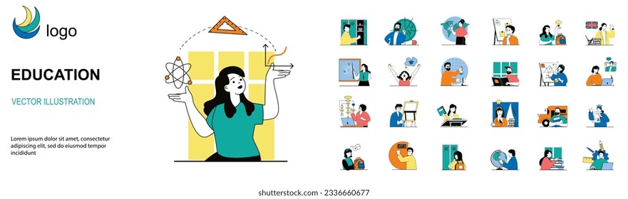 Education concept with character situations mega set. Bundle of scenes people studying at school and university, gaining knowledges online, reading books. Vector illustrations in flat web design