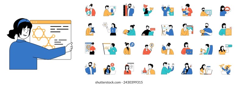 Concepto educativo con situaciones de carácter mega conjunto en diseño web plano. Conjunto de escenas de personas que aprenden en la escuela o la universidad, adquiriendo habilidades y conocimientos, haciendo ciencia. Ilustraciones vectoriales.