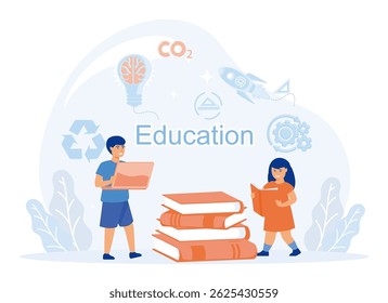 Education Concept children with books, promoting education and learning amidst icons symbolizing subjects like science, environment, and innovation.