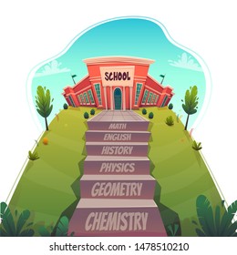 education concept , classes step stairs tu knowledge university , ladder with text math chemistry path to good job graduation . vector catroon funny flat style illustration