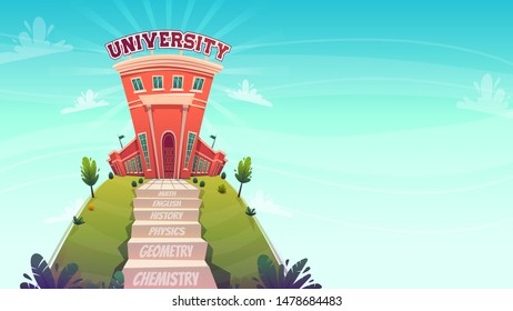 education concept , classes step stairs tu knowledge university , ladder with text math chemistry path to good job graduation . vector catroon funny flat style illustration