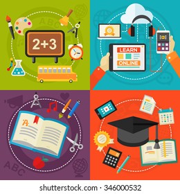 Education Concept - Classical education and library, high school education, back to school, e-learning. Flat style vector illustration online web banner
