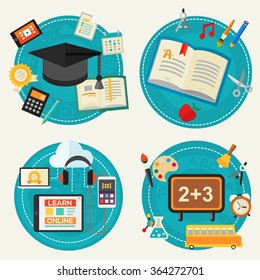 Education Concept - Classical education and library, high school education, back to school, e-learning. Flat style vector illustration online web banner