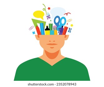 Education concept. Collage with kids face and school supply. Creative concept of stationery, studying, homework. Abstract illustration of academic year.