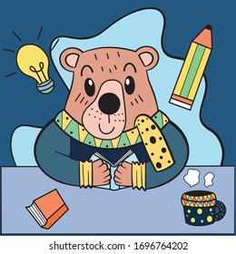 Education Concept. Cute Bear reading a book, vector illustration