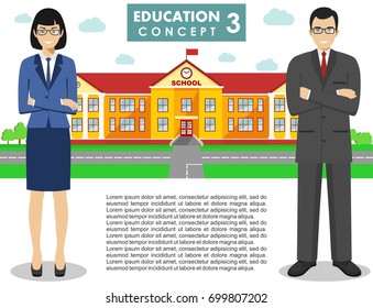 Education concept. Detailed illustration of a school building,  male and female teacher in flat style on white background. Vector illustration.