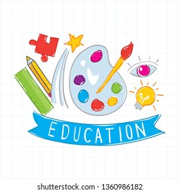 Education concept doodles illustration. Back to school doodle line drawing vector illustration. Cartoon doodle objects, symbols and items. Vector illustration